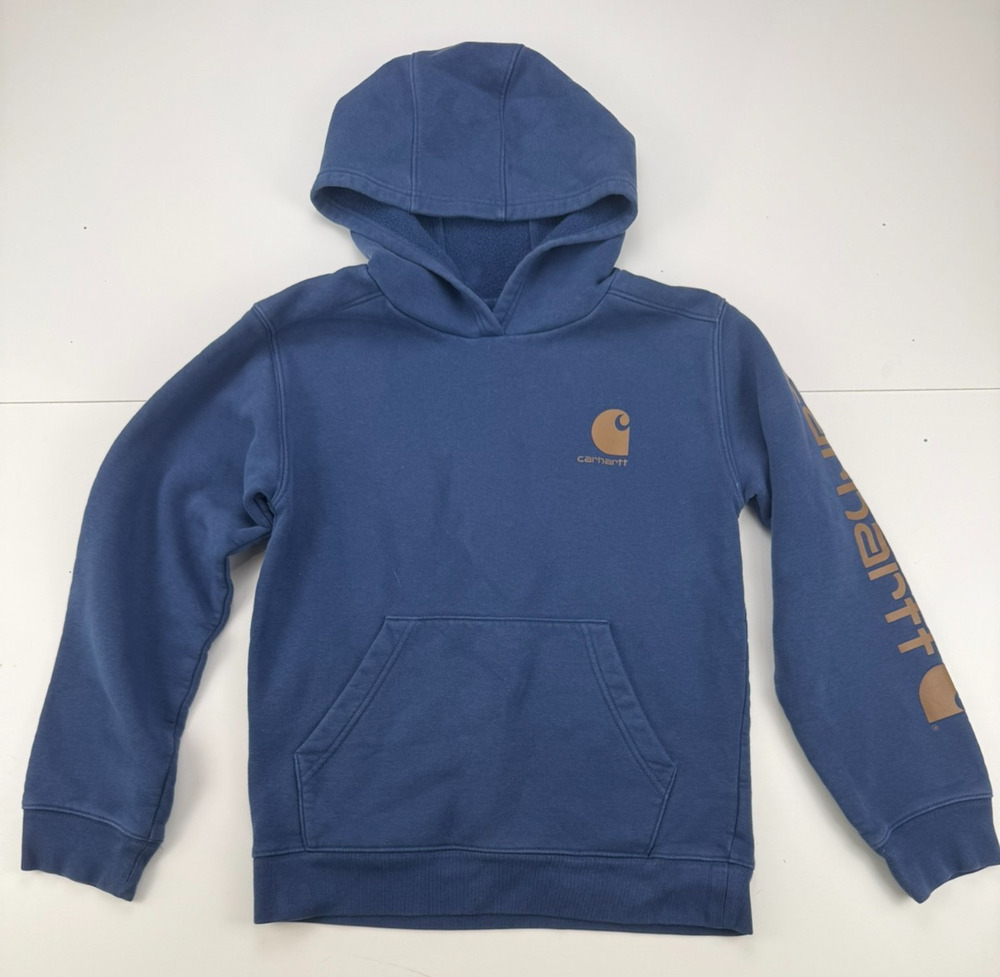 Carhartt Boys M 10-12 Blue Hoodie Brown Logo Sleeve Graphic Pullover